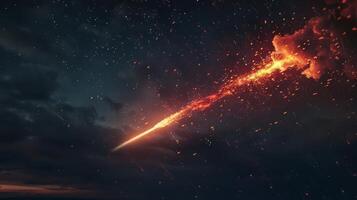 A fleeting glimpse of a fiery red meteor streaks across the darkening sky leaving a trail of sparks in its wake photo