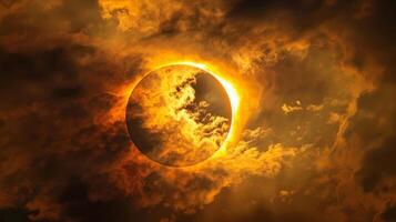 A striking image of the partially eclipsed sun behind wispy clouds creating a stunning visual effect during a solar eclipse photo