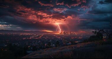 A jagged bolt of lightning dances across the horizon briefly revealing the outline of a distant city photo