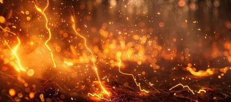 Whitehot bolts of lightning strike the ground leaving behind trails of smoke and burning trees photo