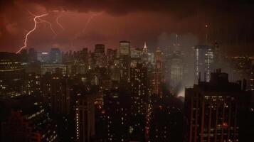 The skyline is dominated by a fierce lightning storm casting a foreboding glow on the city below photo