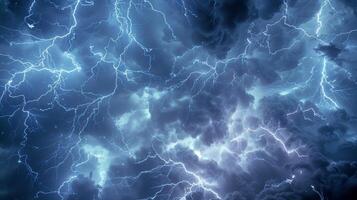 An intense lightning storm rages on with each strike illuminating the writhing cloud formations above photo