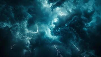 Dark clouds roll in as the sky lights up with brilliant bolts of lightning signaling the start of a fierce storm photo