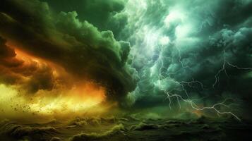 The sky above is a chaotic mix of dark storm clouds and vibrant flashes of lightning a foreboding backdrop for the tornado photo
