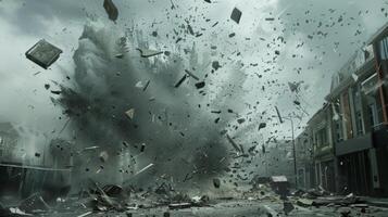 A chaotic scene of debris flying through the air as the powerful winds of a ha rage on photo