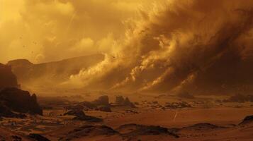 The landscape is engulfed by a deafening sandstorm its powerful winds tossing objects in its path like ragdolls photo