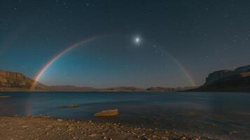 A celestial wonder captured in a moment a moonbow stretches across the night sky its beauty rivaling that of the full moon photo