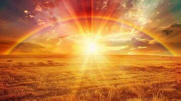 A picturesque countryside with golden fields and a bright sun hovering in the sky adorned by two elongated almost rainbowlike columns of light photo