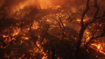 Trees crack and creak as they succumb to the intense heat collapsing in a fiery heap photo