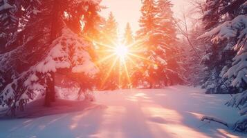 An enchanting winter wonderland with the sun high and bright in the sky accompanied by two brilliant beams of light shooting from it photo