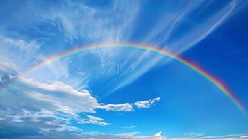 A vivid rainbow arcs over the lenticular clouds creating a breathtaking contrast against the deep blue sky photo