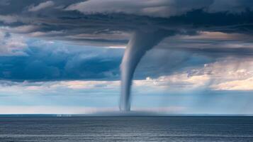 The surreal sight of a waterspout skimming across a calm sea like a mythical sea creature photo
