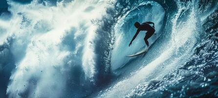 A daring surfer navigating through treacherous waters with a waterspout looming ominously behind photo