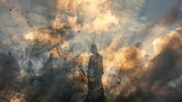 A distorted figure projected onto the canvas of clouds its shadow appearing almost abstract photo
