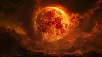 The lunar eclipse transforms the usually pale moon into a fiery red orb creating an eerie and foreboding atmosphere photo