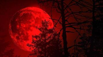 Distant trees are silhouetted against the backdrop of the red moon creating a hauntingly beautiful scene photo