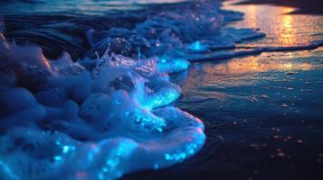 The gentle movement of waves illuminated by bioluminescent algae creating a magical atmosphere on the surface of the ocean photo