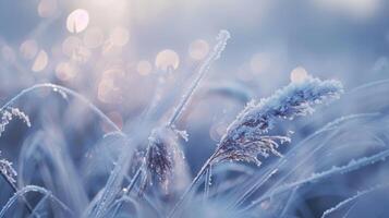 Frozen blades of grass bowed down under the weight of hoar frost creating a unique winter texture photo