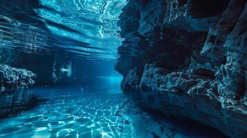 The calm and pristine blue waters of a secluded underwater cavern untouched by humans photo
