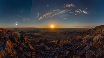 A panoramic view of the landscape during the Ring of Fire solar eclipse with the sun partially covered by the moon photo