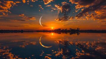 The reflection of the Ring of Fire solar eclipse on a tranquil lake creating a mirrored effect photo