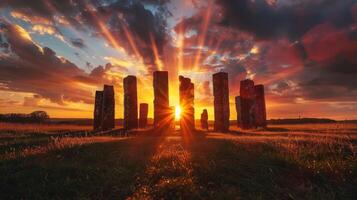 The sky filled with columns of warm light as the sun sets creating a magnificent display of sun pillars photo