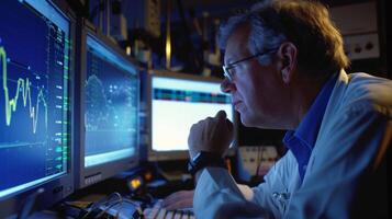 A scientist intently observing a monitor displaying data and graphs of gravity waves in a lab photo