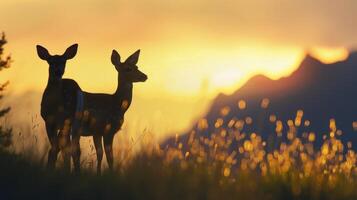 A pair of curious deer pause to take in the breathtaking alpenglow on the mountains their silhouettes painted against the sky photo
