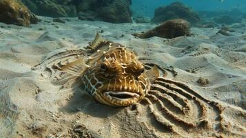 The ocean floor alive with activity as male pufferfish feverishly create intricate designs in the sand photo