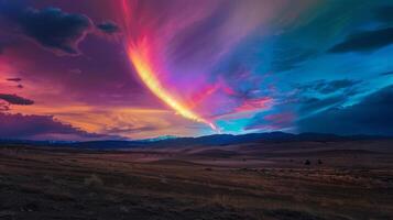 Bent rays of light creating a vibrant band of colors in the sky photo