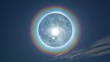 A glowing white moon is framed by a rainbowcolored halo giving the illusion of a multicolored ring photo