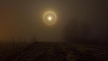 A heavy fog obscures the moon but its halo shines like a beacon through the mist photo
