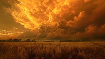 A farming community affected by a massive fire the sky above filled with pyrocumulus clouds photo