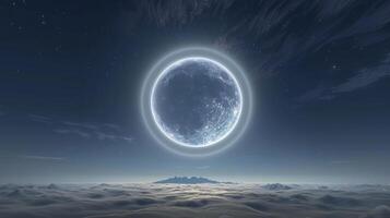 The moon shines brightly behind a gossamer veil of thin clouds its halo casting a soft glow onto the earth below photo