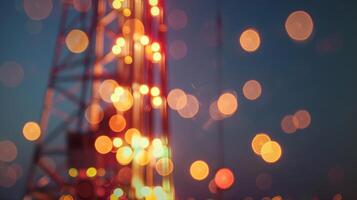 The oil derrick appears to be dancing against the night sky its lights flickering in a mesmerizing rhythm photo