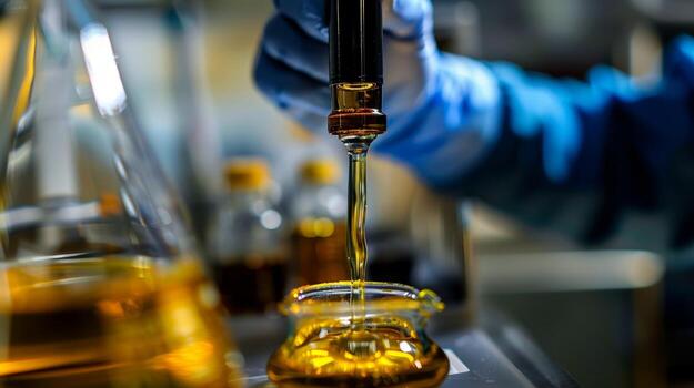 A lab technician pours a sample of crude oil onto a piece of filter paper using gravity to separate different layers for testing photo