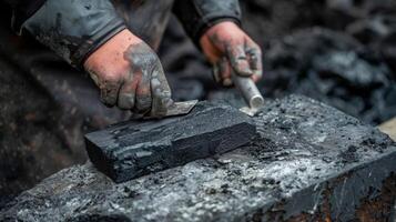 A person uses a special tool to smooth and flatten the top of a freshly made briquette ensuring its durability photo