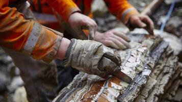 Two geologists work together to carefully slice a core sample in half revealing the intricate layers and composition of the rock photo