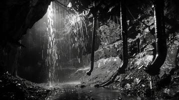 The walls of the coal mine glisten with moisture as miners use long drills to extract precious minerals photo