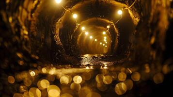 The underground mine lit up by hundreds of spotlights giving a ghostly feel to the working environment photo
