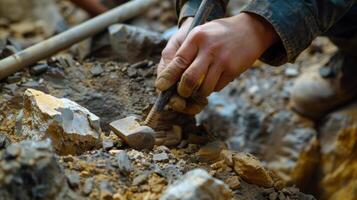 A closeup of a geologists hands as they use a hammer and chisel to carefully extract a small piece of rock from a core sample photo