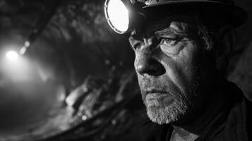 A the tered rocks and debris the coal miners headlamp shines like a beacon of hope guiding him towards a successful days work photo