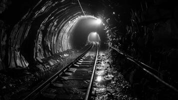 The dim and eerie tunnels are brought to life by the coal miners headlamp ting through the darkness like a ray of light photo