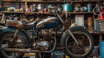 Next to a vintage motorcycle an oil can rests on a shelf ready to keep the engine running smoothly photo