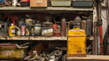 A lone oil can stands tall on a cluttered shelf in a garage a faint smell of machine oil lingering in the air photo