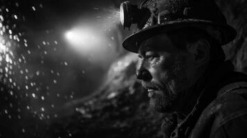 As the coal miner breaks through the tough walls of coal his headlamp captures the shimmering and valuable fragments within photo