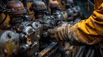 Hands clad in thick greasy gloves working to adjust the engines settings photo