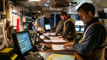 A crew of engineers and scientists aboard the vessel studying maps and data in the control room photo