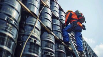 A team of workers wearing safety harnesses as they climb up a ladder to inspect the quality of oil barrels on an elevated shelf photo