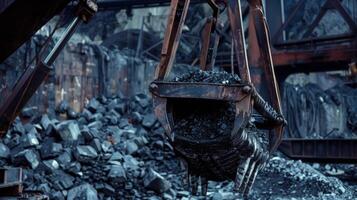The metal claws of a crane gripping a mound of coal ready to load it onto the barge photo